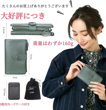 二つ折り財布 レディース 短財布 本革製 小銭入れ付 18カード入れ お札入れ 大容量 小型 軽量 多機能 ダブルボタン ダブルファスナー クリスマス 母の日プレゼント 自分用もプレゼント用も最適 (ダークグリーン)